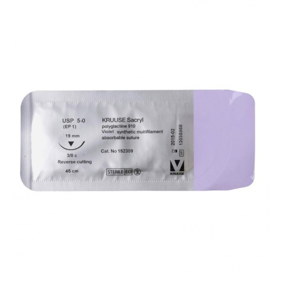 Fonal Sacryl felszívódó USP5/0 45 cm,tű: 19 mm,fordított vágás 3/8 kör, Kruuse