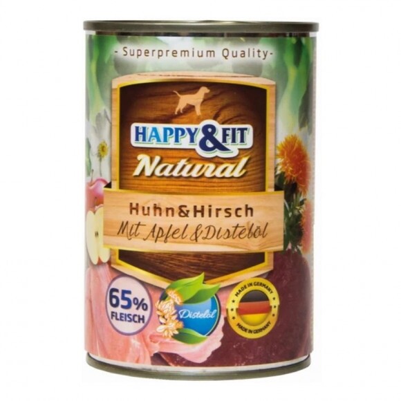 Happy&Fit Natural Dog konzerv csirke, szarvas almával és sáfrányolajjal 400g